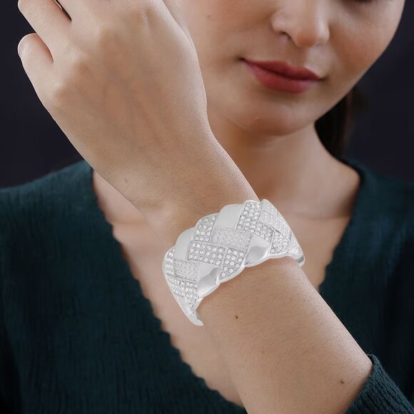 Women's Large Size Austrian Crystal Bangle Bracelet in Silvertone - Picture 2 of 3